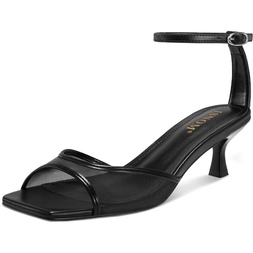 Women's Black Mesh Kitten Heels Sandals Square Toe Ankle Buckle Strap Low Heel